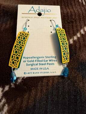 Adajio Earrings - Yellow Geometric Filigree on Blue Green Ombre Back with Teal B